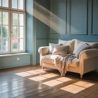 A room with walls in #4A90D9 (medium blue) with warm wooden 