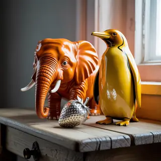 An orange elephant, a yellow penguin, and a silver strawberr
