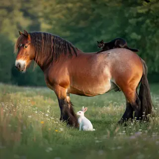 A big brown horse, a small white rabbit, and a medium-sized 