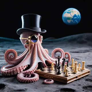 An octopus wearing a top hat and monocle playing chess on th