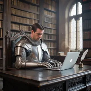 A medieval knight in full armor sitting at a desk typing on 