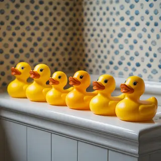 Exactly 5 yellow rubber ducks sitting in a row on a bathroom