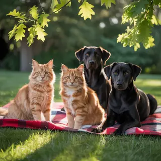 2 orange cats and 3 black dogs sitting together on a grassy 