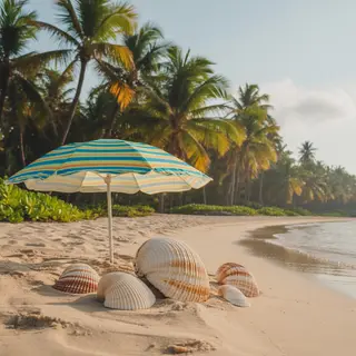 A sandy beach with palm trees, seashells, and a beach umbrel