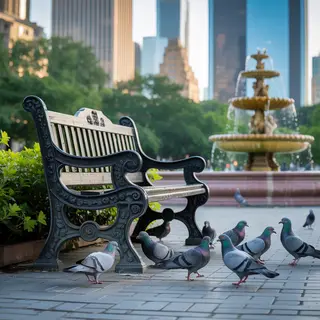 A city park with a park bench and pigeons in the foreground,