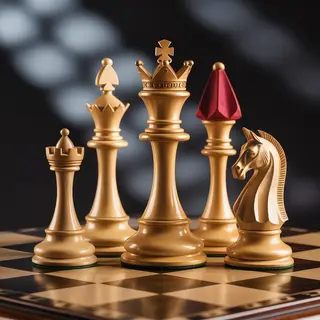 Five chess pieces on a board: a king in the center, a queen 