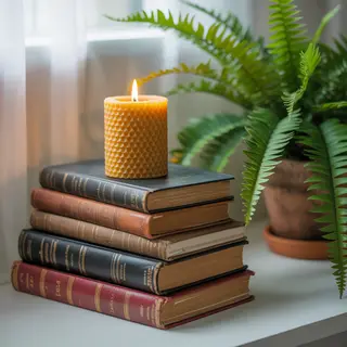 A candle on top of a stack of books, the books next to a pot
