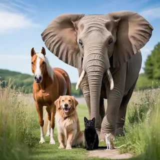 A group photo of an elephant, a horse, a dog, a cat, and a m