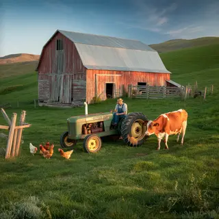 A farm scene with a barn, tractor, farmer, cow, chicken, and