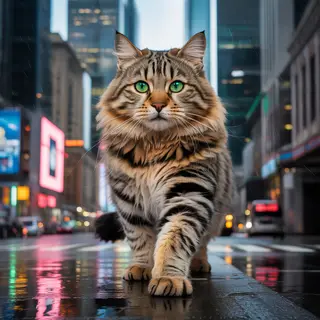 A giant tabby cat walking between city skyscrapers like a ka