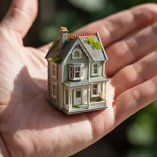 A miniature house sitting on the palm of someone's hand