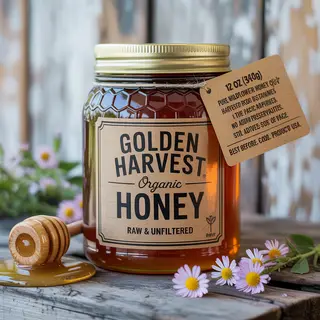 A product label for 'GOLDEN HARVEST ORGANIC HONEY' with subt