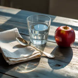 A still life on a wooden table featuring a clear glass of wa