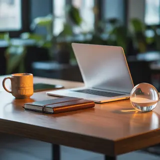 A workspace desk with a brushed aluminum laptop, a leather-b