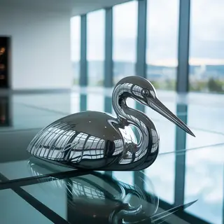 A chrome sculpture in a room with a glass floor and large wi