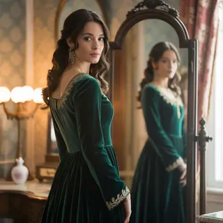 A woman standing in front of a full-length mirror, her refle
