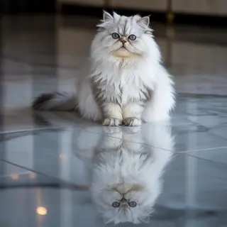 A cat sitting on a polished marble floor with its reflection