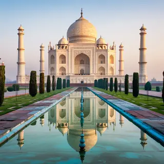The Taj Mahal in Agra seen from the reflecting pool, with ac