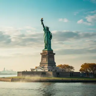 The Statue of Liberty on her island pedestal, with correct t