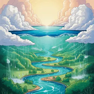A detailed diagram of the water cycle showing evaporation fr
