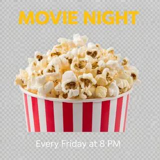 A movie night poster with a large popcorn image in the cente