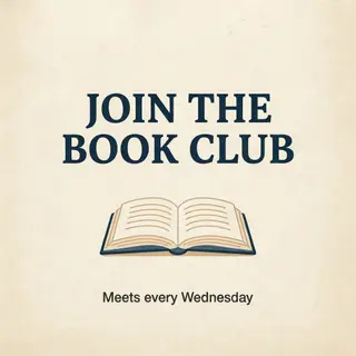 A book club poster with an open book illustration, the title