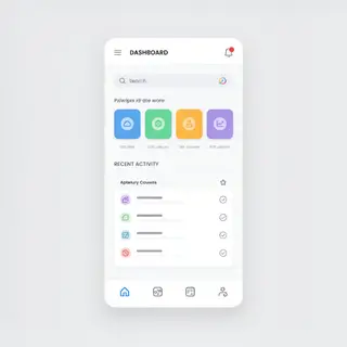 A mobile app UI mockup showing a dashboard with a top naviga