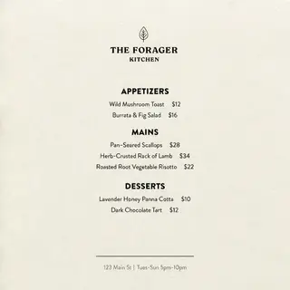 A restaurant menu layout with a logo header, three category 