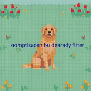 A golden retriever sitting in a garden, rendered in pixel ar