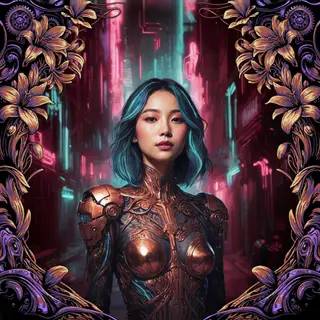 A woman in a futuristic city rendered in cyberpunk Art Nouve