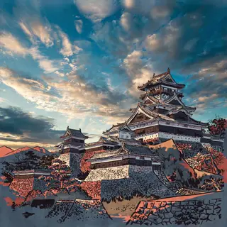 A medieval castle depicted in Japanese ukiyo-e woodblock pri