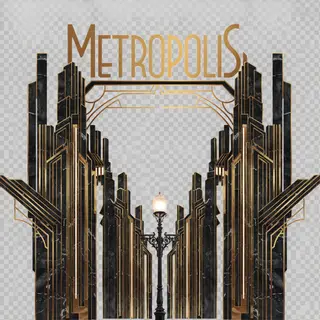 A city street scene in the style of Art Deco — geometric sha