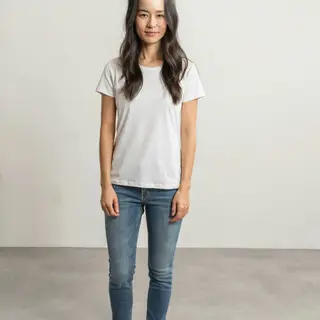 A woman standing upright in a relaxed pose, arms at her side