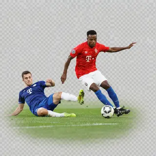 Two soccer players mid-tackle, one sliding and the other jum