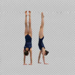 Two gymnasts performing a synchronized handstand, side by si