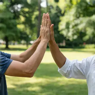 Two people doing a high-five, palms meeting with all fingers