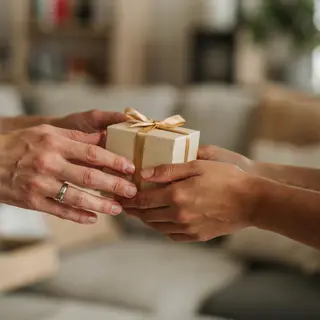 One person handing a small gift box to another person, both 