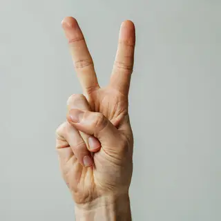A person making a peace sign with their right hand, clearly 