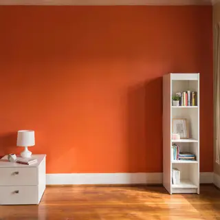 A bedroom wall painted in #FF6B35 (burnt orange) with white 