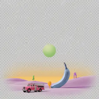 A pink fire truck, a blue banana, and a green sun in a surre