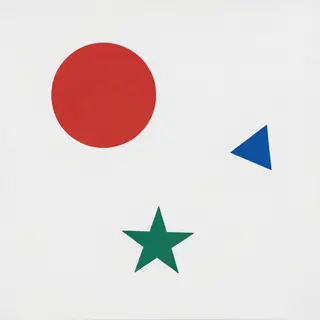 A large red circle, a small blue triangle, and a medium gree