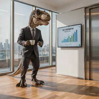 A dinosaur in a business suit giving a PowerPoint presentati