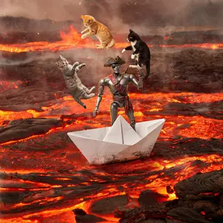 A robot dressed as a pirate sailing a paper boat on a lake o