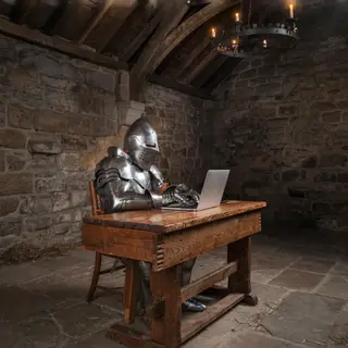 A medieval knight in full armor sitting at a desk typing on 