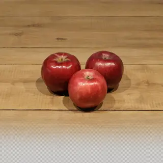 Exactly 3 red apples arranged on a wooden table