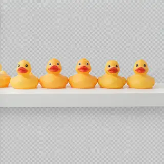 Exactly 5 yellow rubber ducks sitting in a row on a bathroom