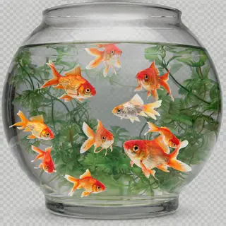 Exactly 9 goldfish swimming in a large round fishbowl