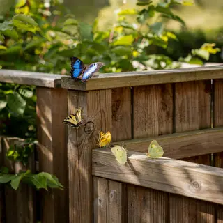 1 blue butterfly and 3 yellow butterflies resting on a garde