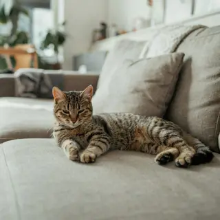 A cat lying on a couch without a collar