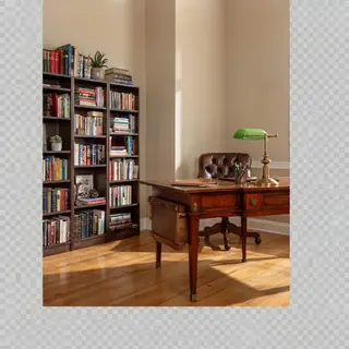 An office workspace with a desk, chair, bookshelf, and lamp 